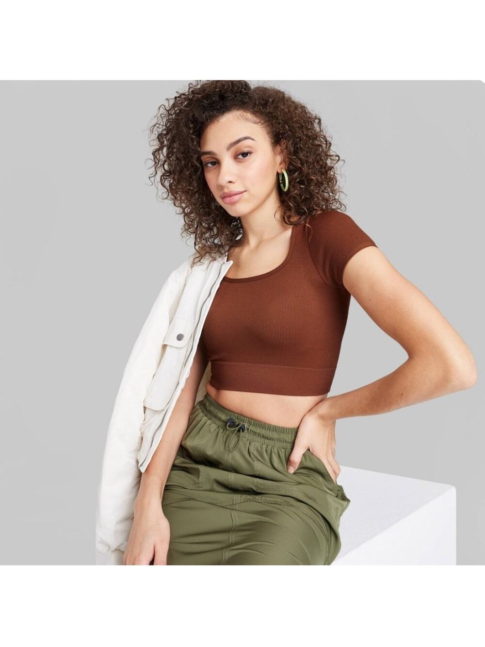 Wild Fable Seamless Cropped T Shirt Womens S Brown Stretchy Ribbed Fitted Fall